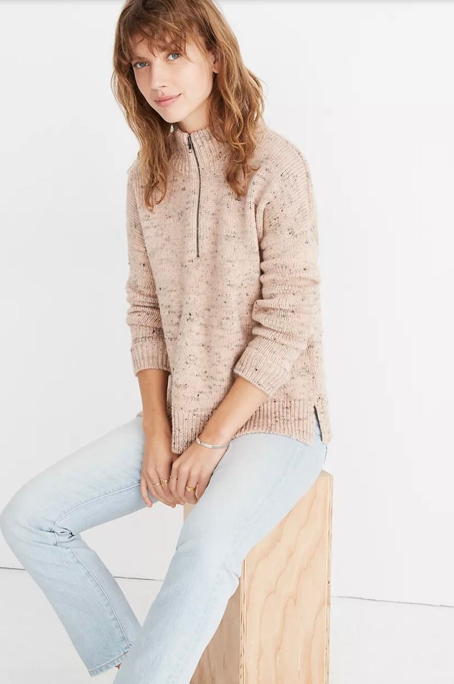 Madewell Wool Blend Half-Zip Popover Pullover Side Slit Hem Sweater Size Small